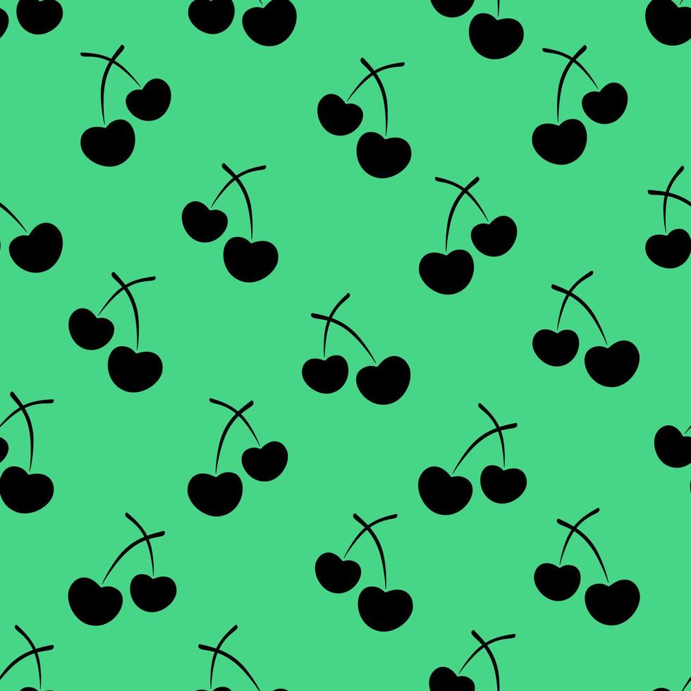 cerezas. silueta. patrón vectorial repetitivo. contorno sobre un fondo verde aislado. estilo plano adorno de bayas sin costuras. fruta dulce de la granja. idea para diseño web, embalaje, papel tapiz. vector