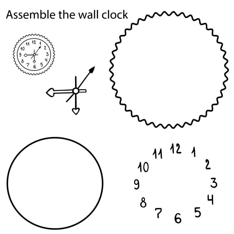 Collect the wall clock. Game-constructor. Child development. Vector illustration. Contour on an isolated white background. Doodle style. Sketch. Time. Puzzle. The connection of the elements.