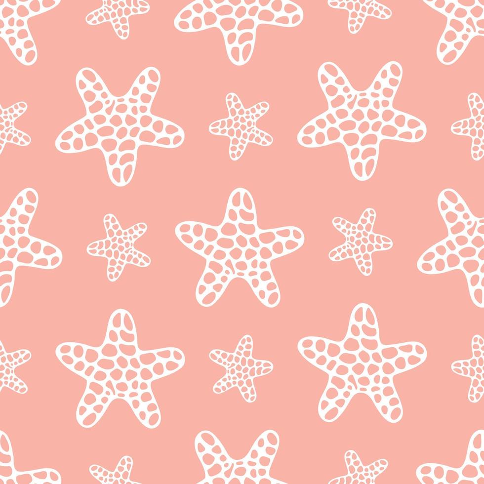 Starfish. White silhouette. Seamless vector pattern. Abstract background. Outline on an isolated tenderly coral background. Inhabitant of the ocean. Idea for cover, packaging, wallpaper, textile.