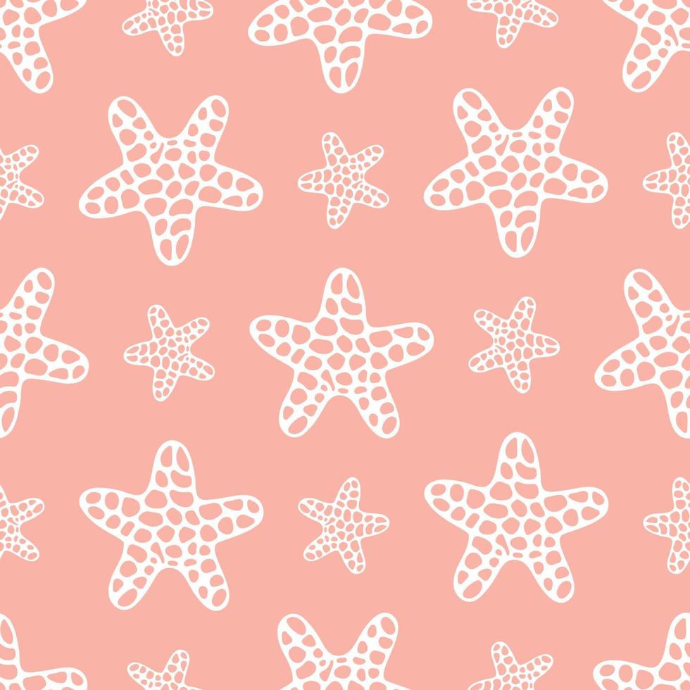 Starfish. White silhouette. Seamless vector pattern. Abstract background. Outline on an isolated tenderly coral background. Inhabitant of the ocean. Idea for cover, packaging, wallpaper, textile.