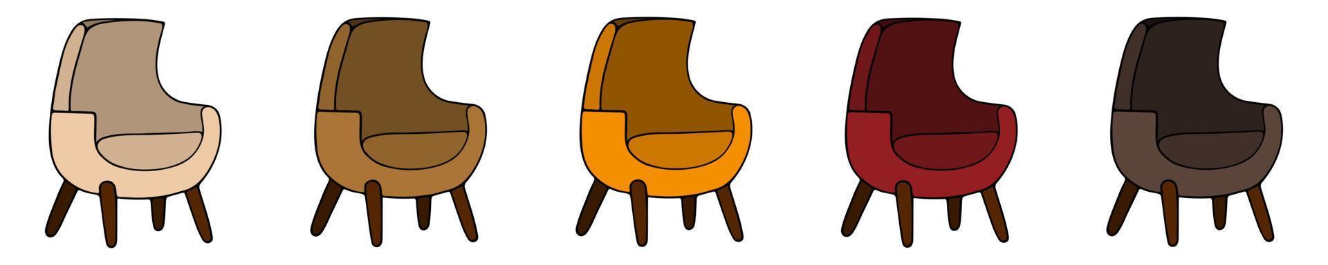 Sillón. elemento interior de la habitación. conjunto vectorial de ilustraciones en estilo de dibujos animados. muebles tapizados para el hogar y la oficina sobre un fondo blanco aislado. una colección de sillas con reposabrazos. vector