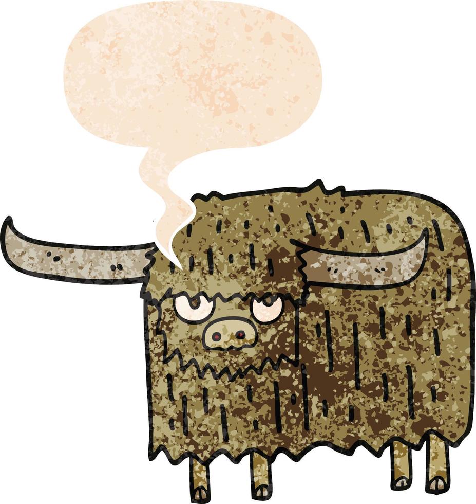 cartoon hairy cow and speech bubble in retro textured style vector