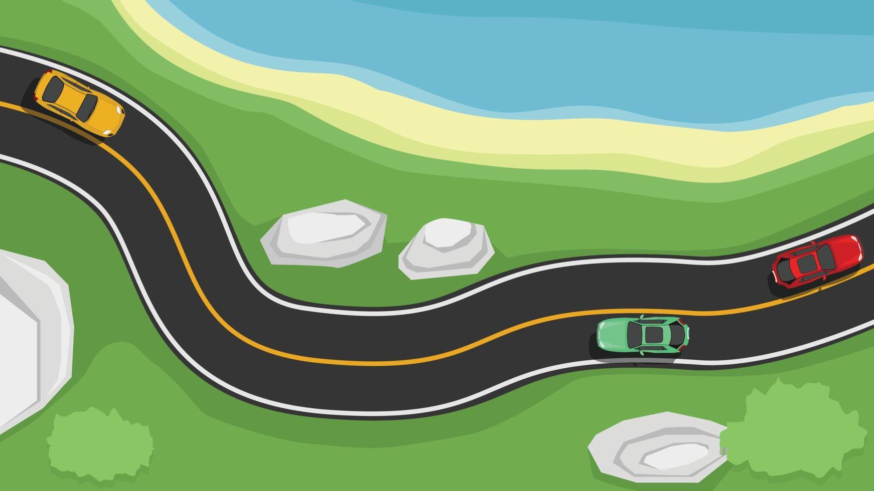 vector o ilustración de la vista anterior de la carretera asfaltada con línea blanca y amarilla. camino curvo junto a la playa con piedra y hierba verde. con coches conduciendo para viajar por la carretera asfaltada.