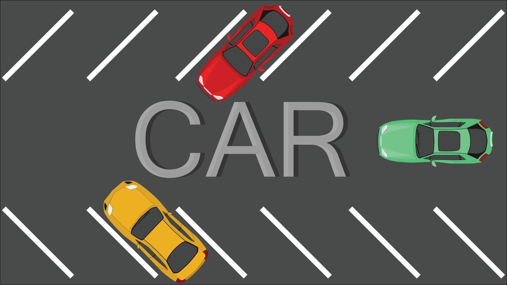 Above view of cars in parking lot. Cars parked on both sides of the road. and the cars driving to the parking lot. with text of car. vector