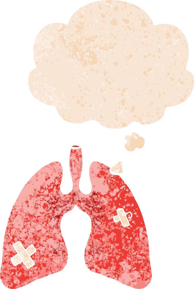 pulmones de dibujos animados y burbujas de pensamiento en estilo retro texturizado vector