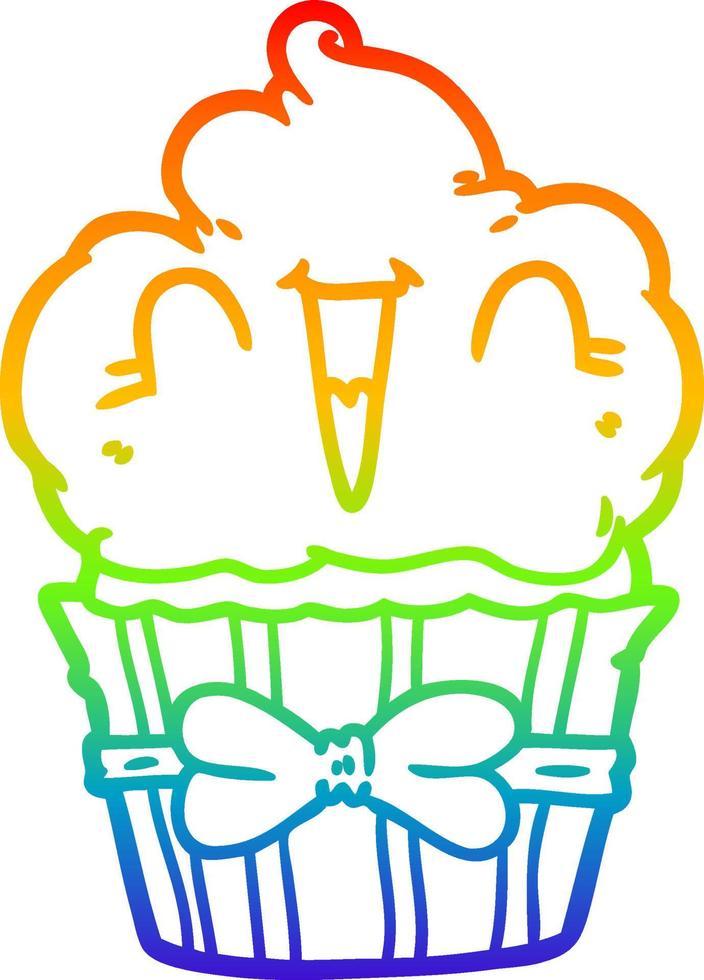 rainbow gradient line drawing happy cartoon cupcake vector