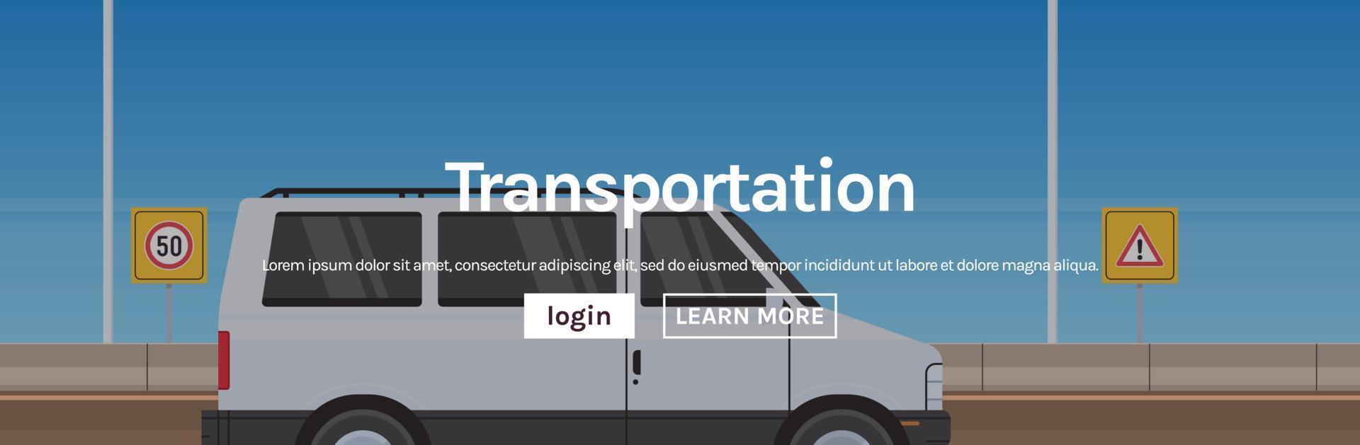 Minivan courier on highway asphalt road and minivan truck design concept flat vector illustration.