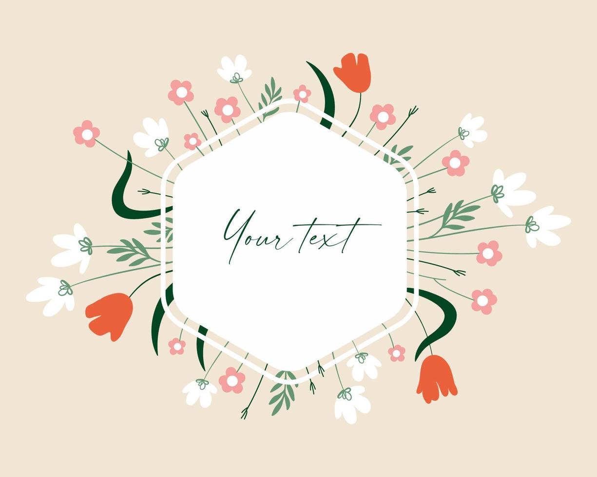 Floral horizontal frame with simple vector wild flowers and block for text
