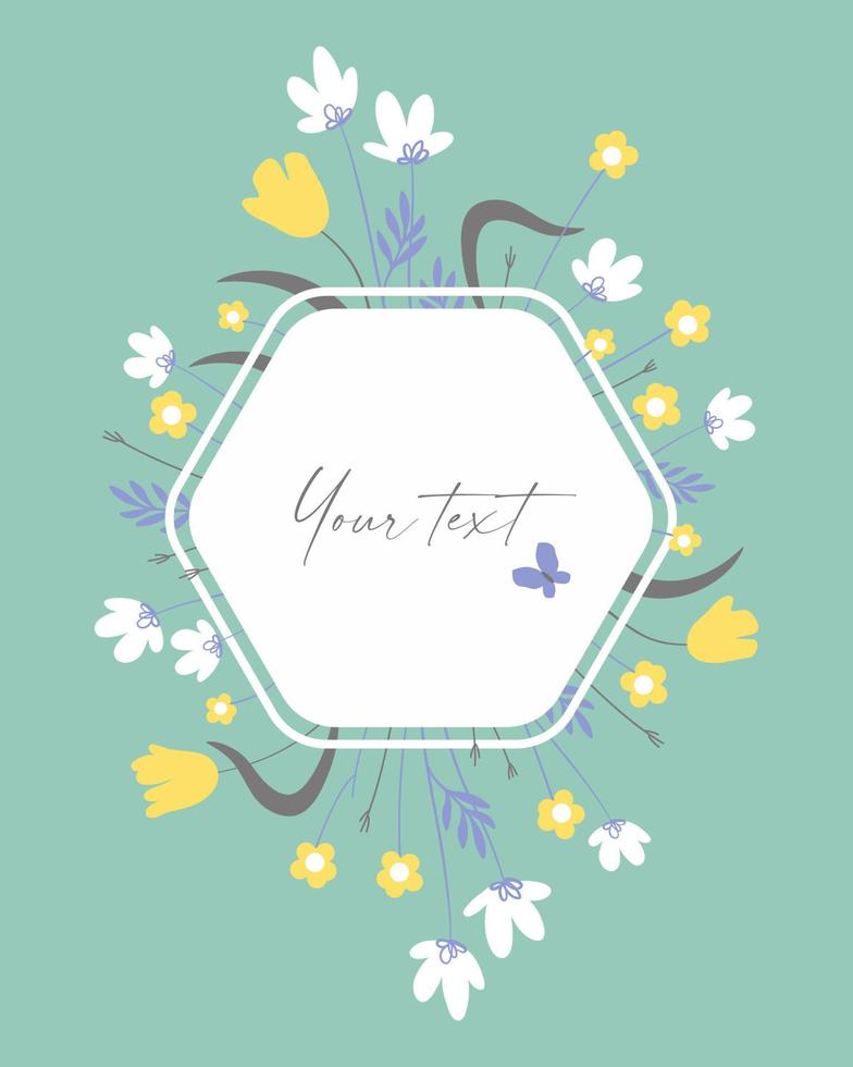 Vertical floral frame with simple vector wild flowers and block for text