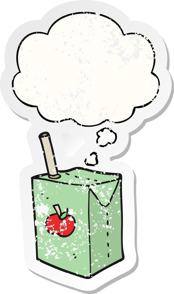 cartoon apple juice box and thought bubble as a distressed worn sticker vector