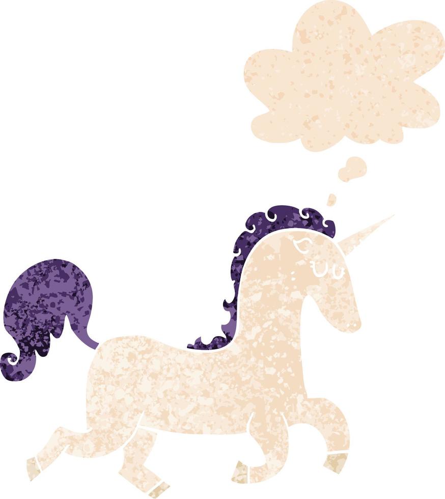 cartoon unicorn and thought bubble in retro textured style vector