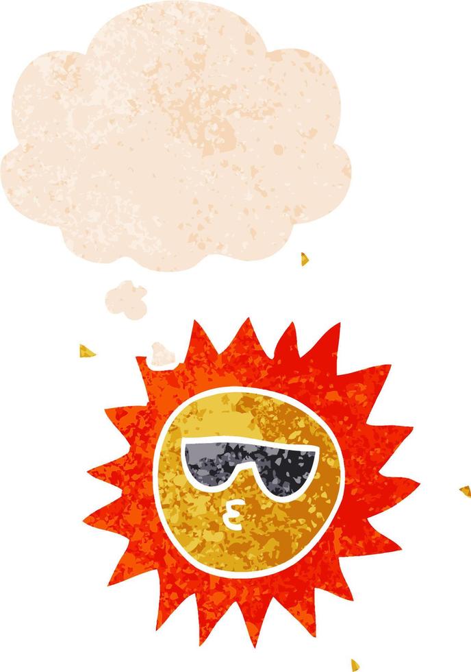 sol de dibujos animados y burbuja de pensamiento en estilo retro texturizado vector