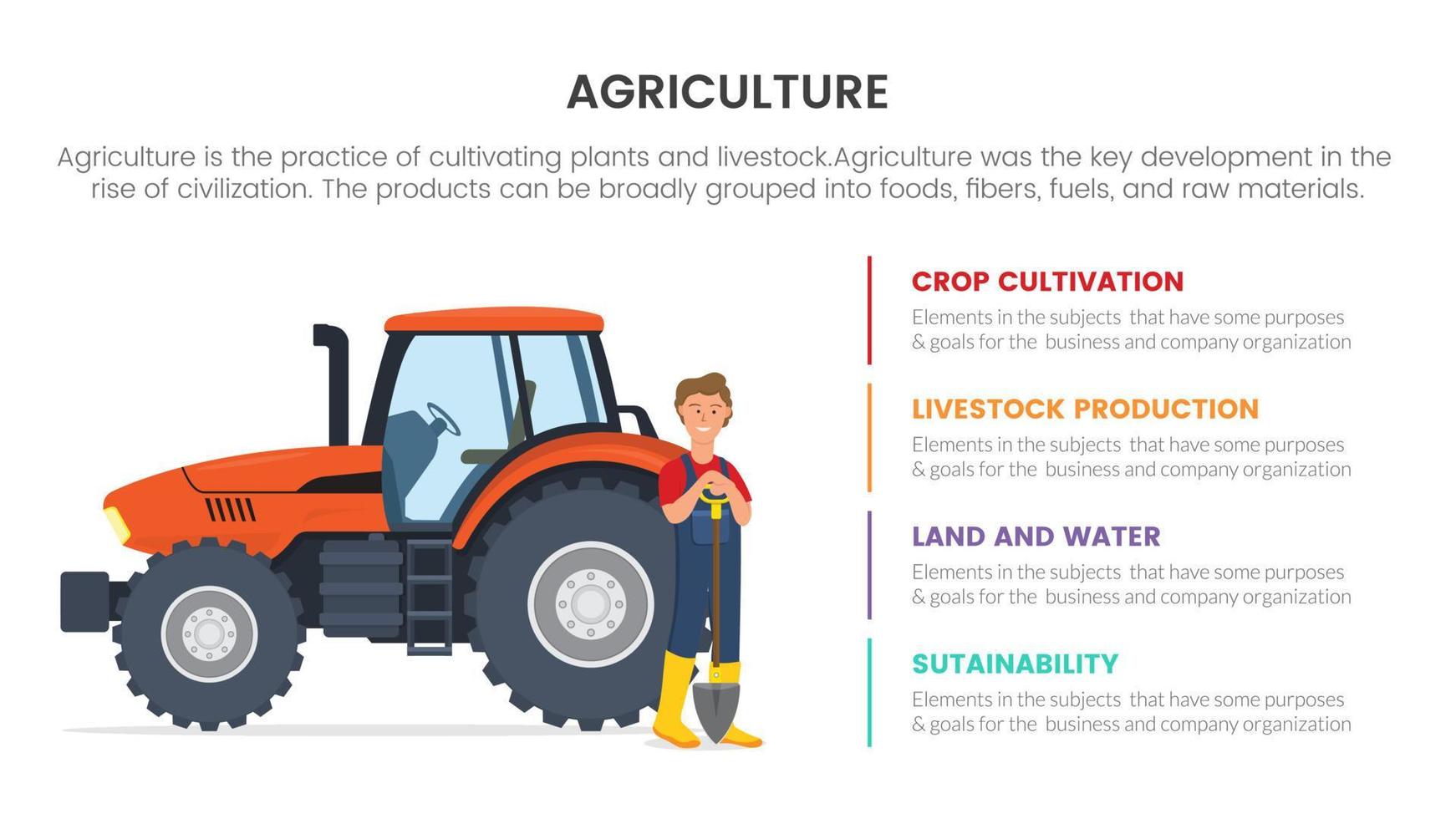 concepto infográfico de agricultura agrícola de tractores para presentación de diapositivas con comparación de lista de 4 puntos en dos lados vector