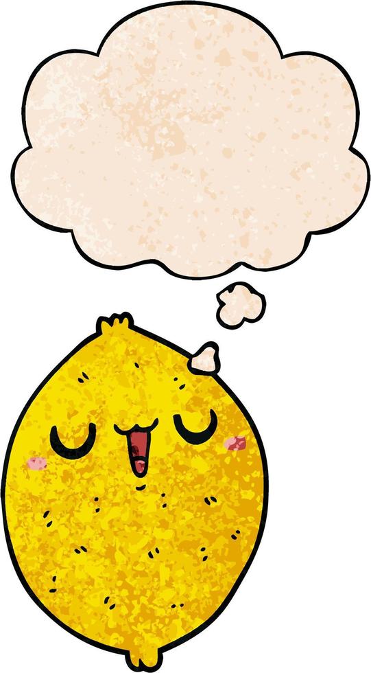 cartoon happy lemon and thought bubble in grunge texture pattern style vector