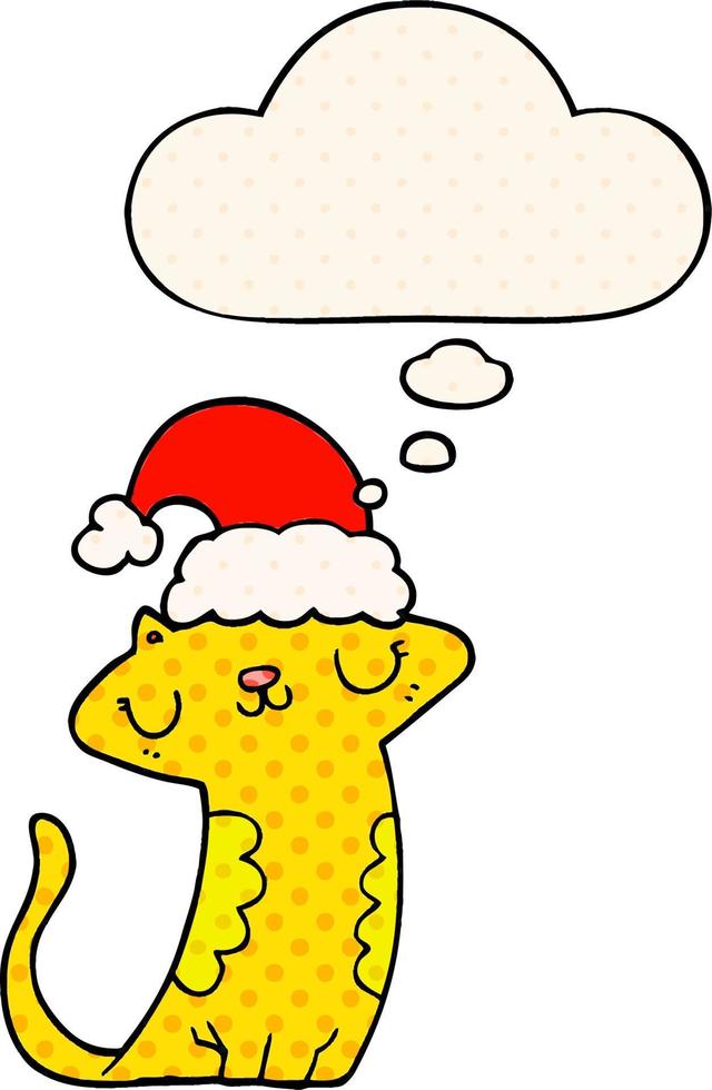 cute cartoon cat wearing christmas hat and thought bubble in comic book style vector