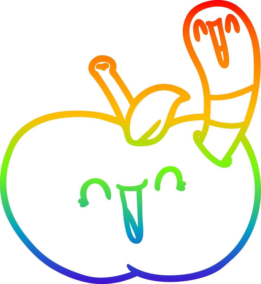 rainbow gradient line drawing cartoon worm in happy apple vector