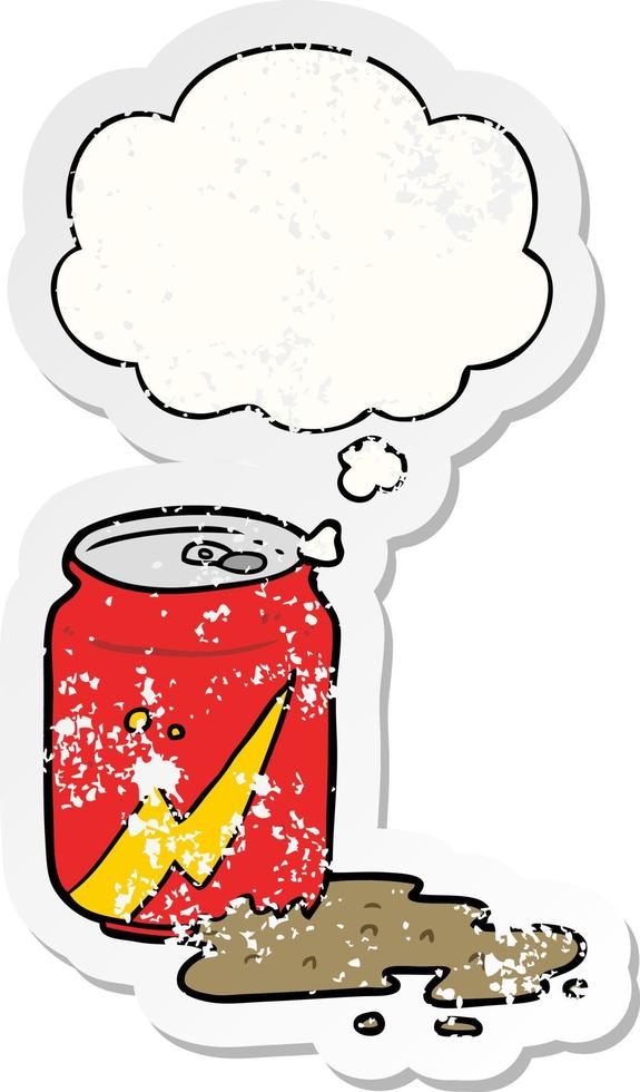cartoon soda can and thought bubble as a distressed worn sticker vector