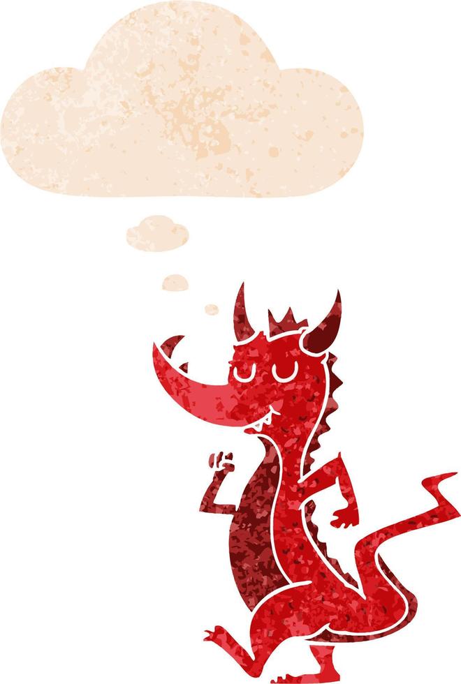 cartoon cute dragon and thought bubble in retro textured style vector