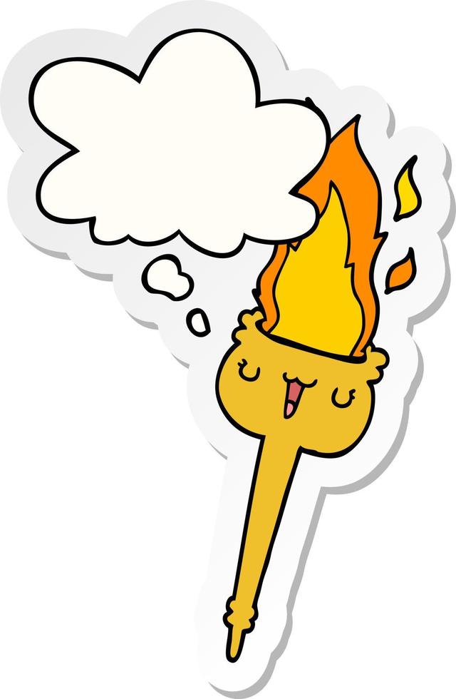 cartoon flaming torch and thought bubble as a printed sticker vector