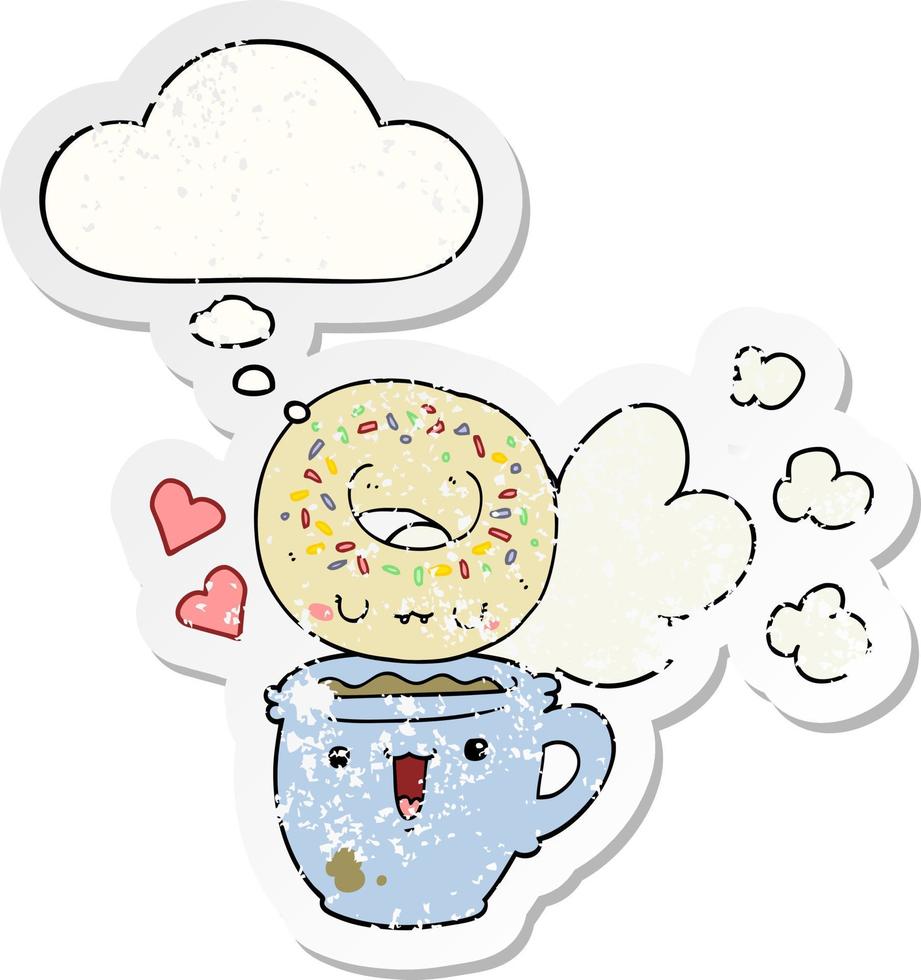 cute cartoon donut and coffee and thought bubble as a distressed worn sticker vector