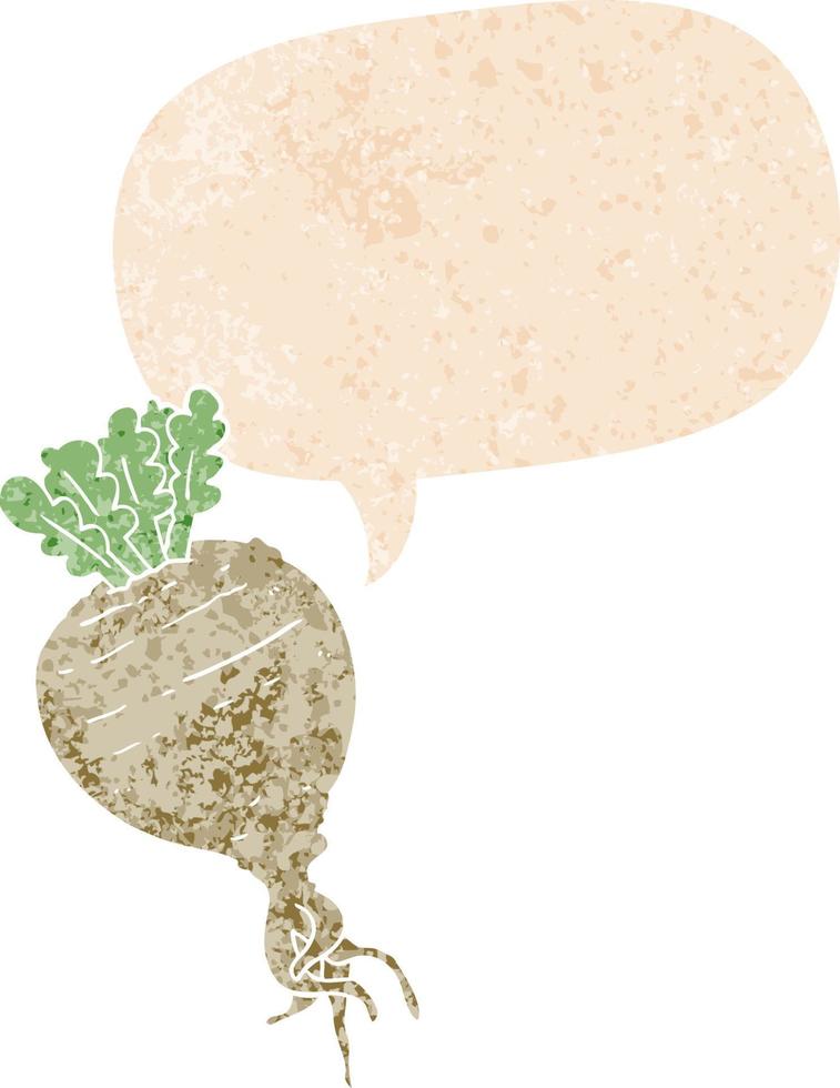 cartoon root vegetable and speech bubble in retro textured style vector