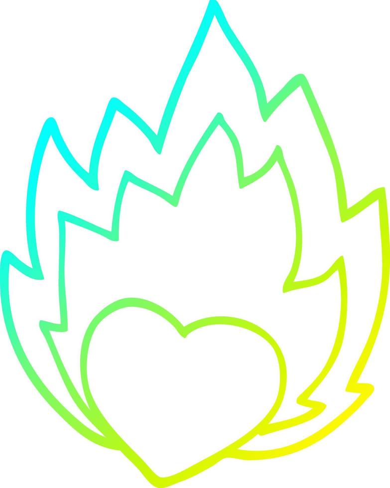 cold gradient line drawing cartoon flaming heart vector