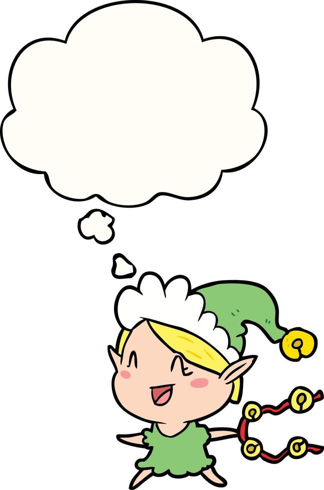 cartoon happy christmas elf and thought bubble vector