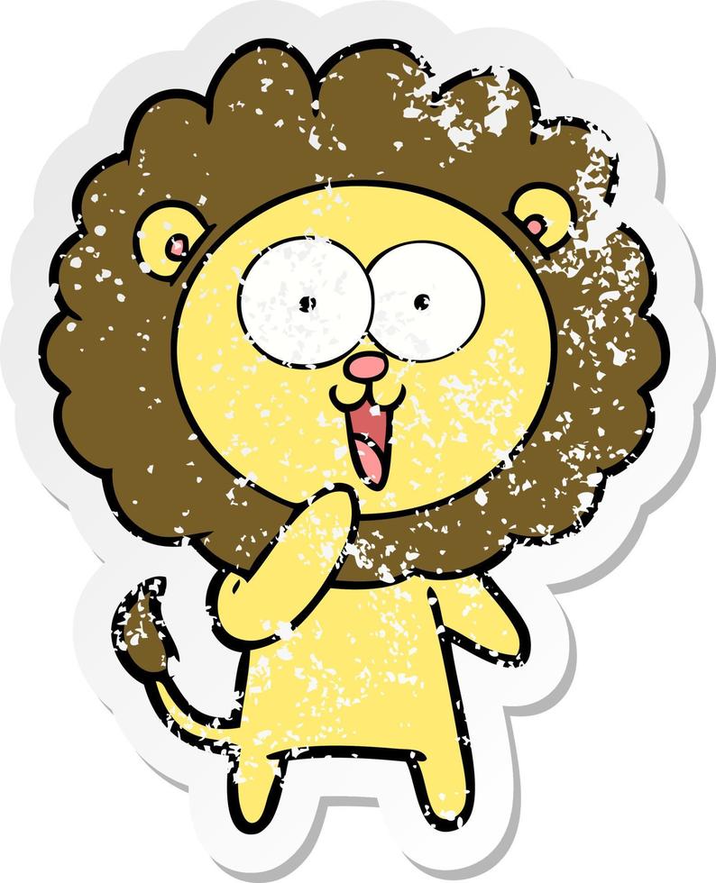distressed sticker of a happy cartoon lion vector