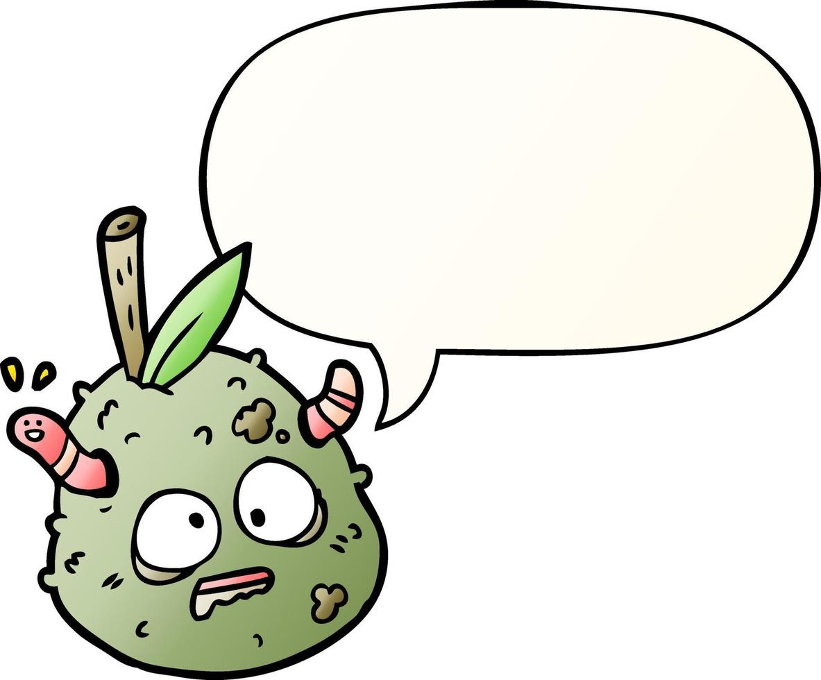 cartoon rotting old pear and worm and speech bubble in smooth gradient style vector