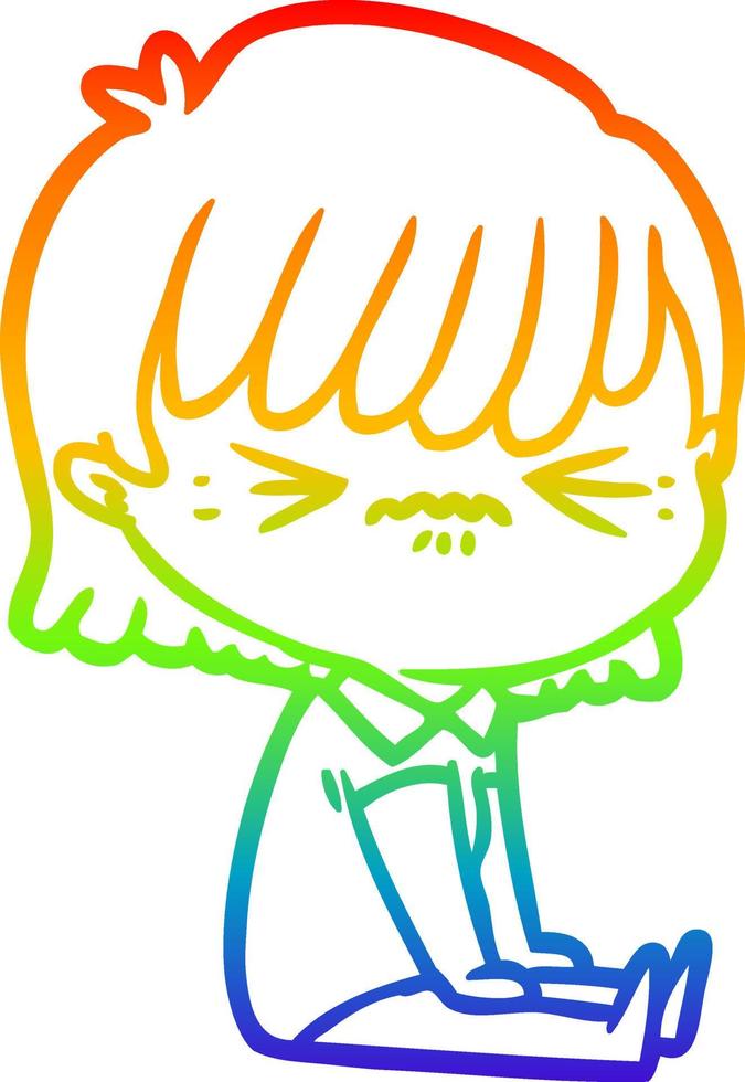 dibujo de línea de gradiente de arco iris niña de dibujos animados molesto sentado vector
