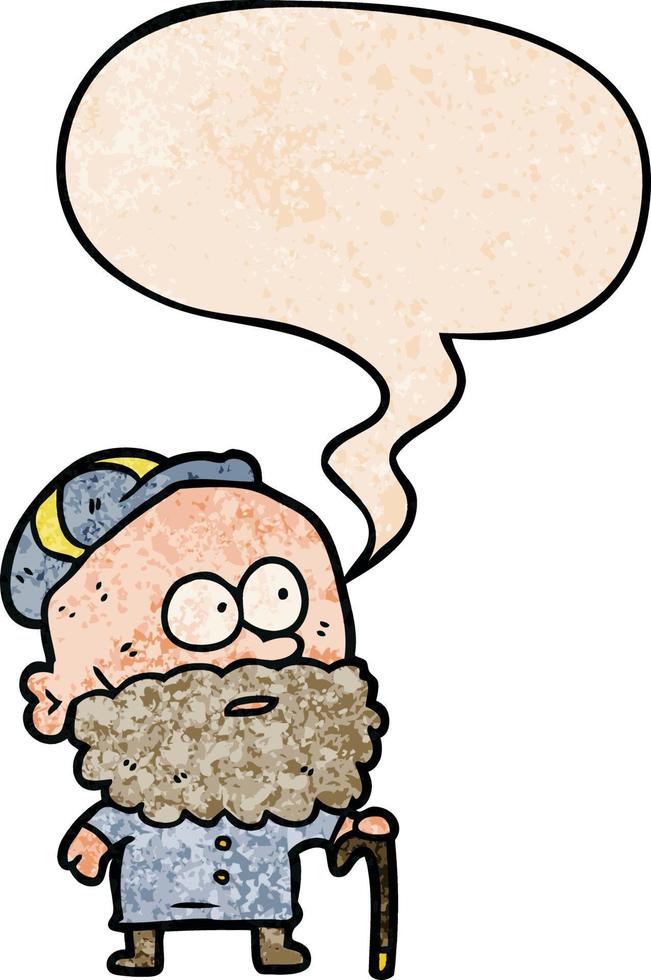 old cartoon man and walking stick and flat cap and speech bubble in retro texture style vector