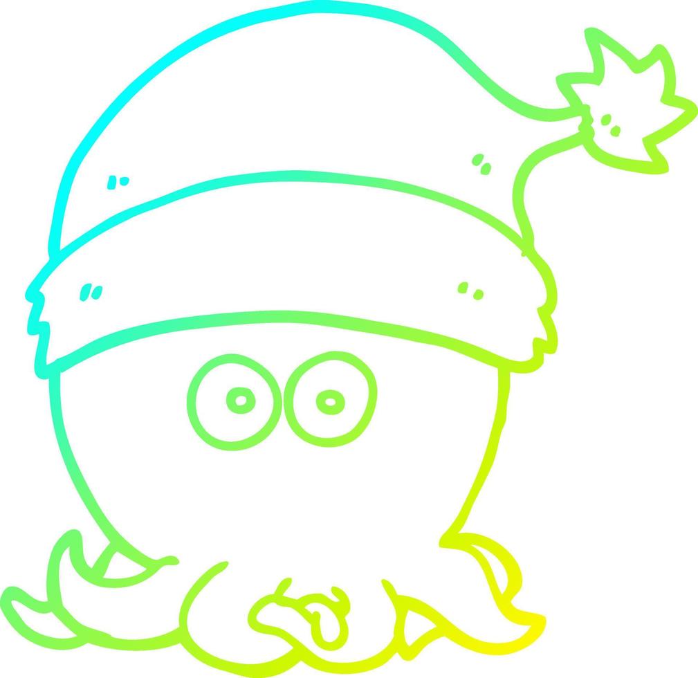 cold gradient line drawing cartoon octopus wearing christmas hat vector