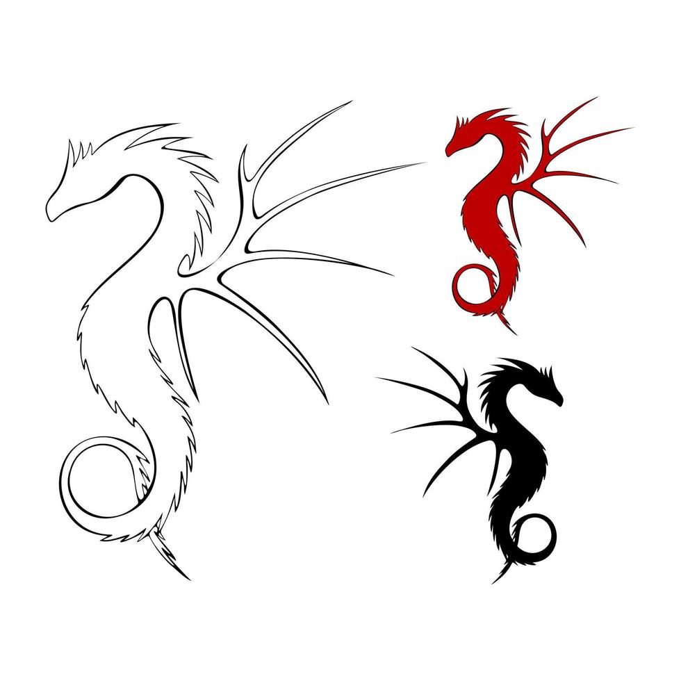 Dragon contour and silhouette dark black and red, hand drawn set art. vector