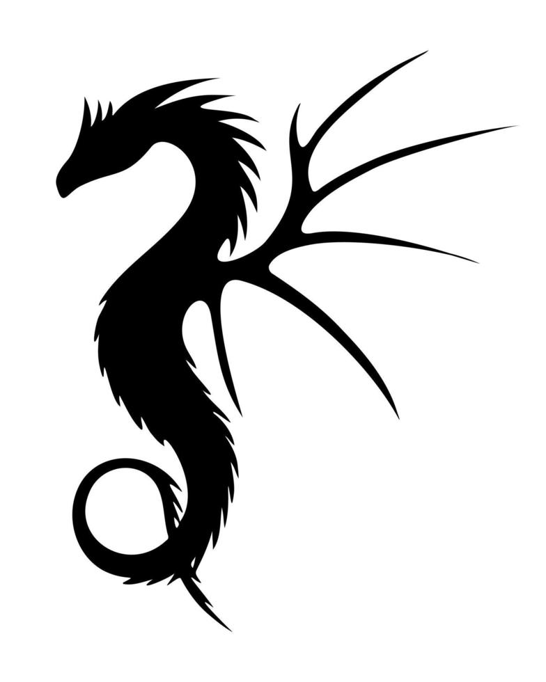 Dragon silhouette dark black, hand drawn art. Vector illustration