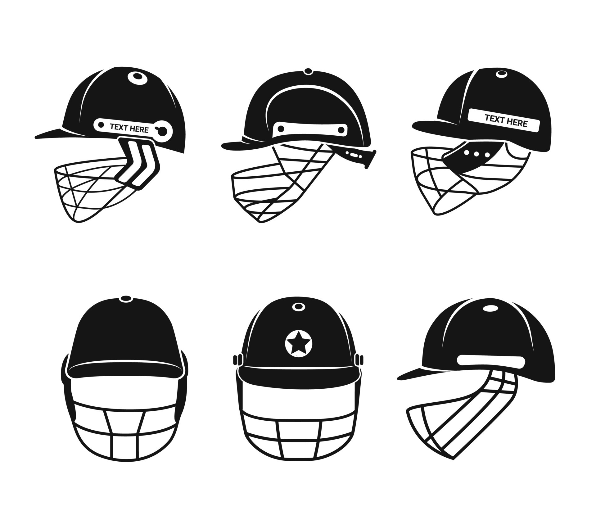 Cricket Helmet Vector Clip Art Design Set, Black Color And Creative