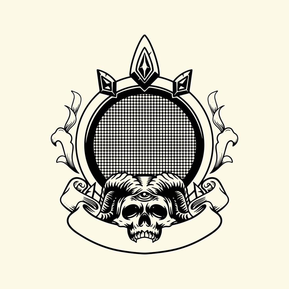 Skull emblem, badge, label, logo or t-shirt print with monochrome vintage style horns, white background. vector