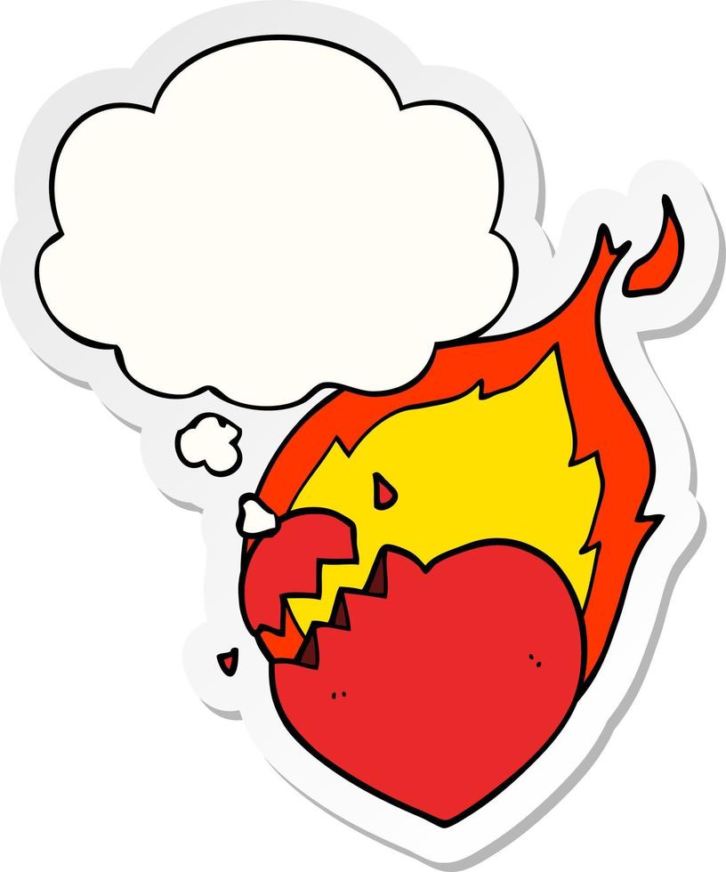 cartoon flaming heart and thought bubble as a printed sticker vector