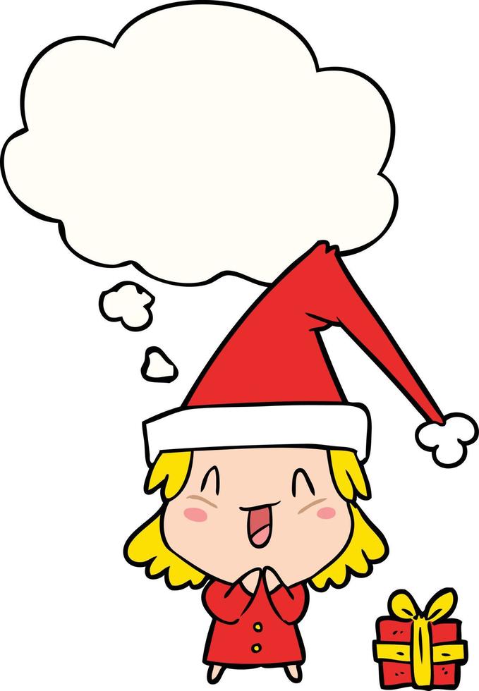 chica de dibujos animados con sombrero de navidad y burbuja de pensamiento vector