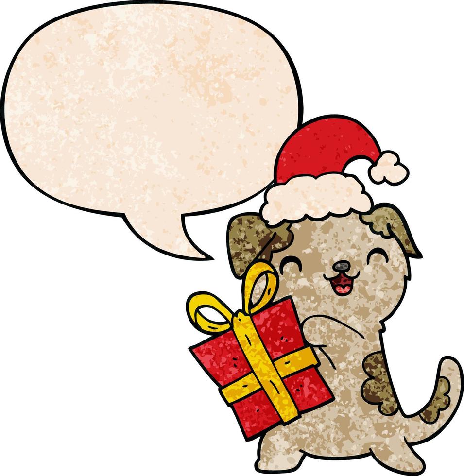 lindo cachorro de dibujos animados y regalo de navidad y sombrero y burbuja de habla en estilo de textura retro vector