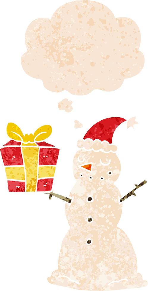 cartoon snowman with present and thought bubble in retro textured style vector