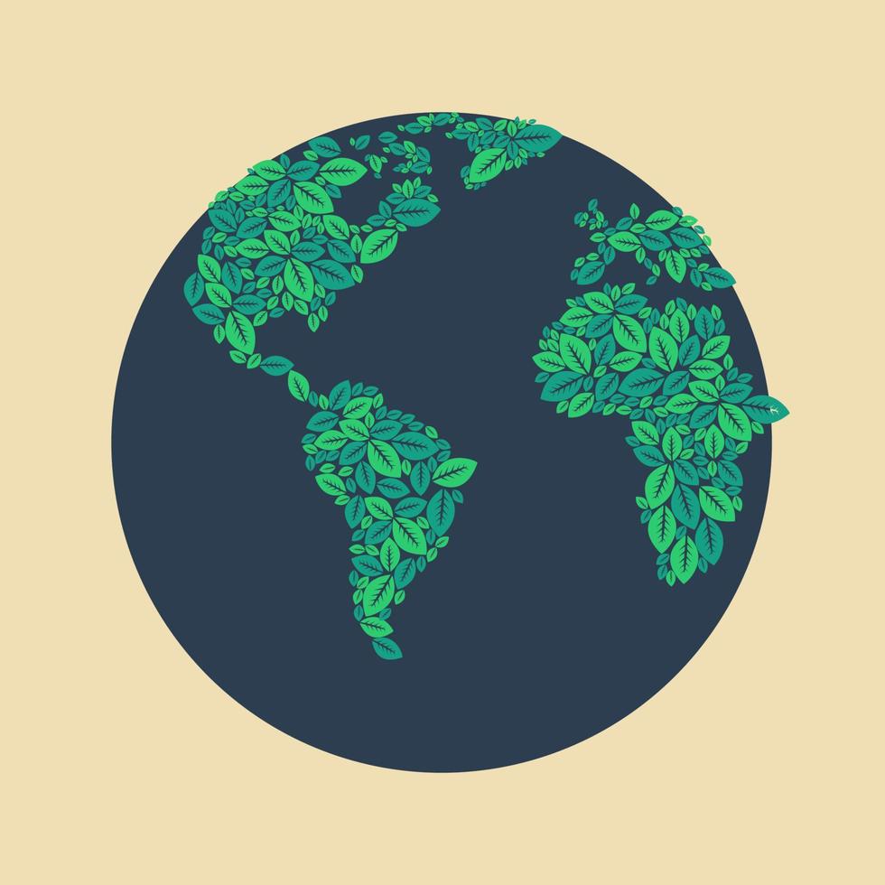 Editable Vector of Globe in Flat Style with Leaves as Its Map for Earth Day or Green Life Campaign Illustration