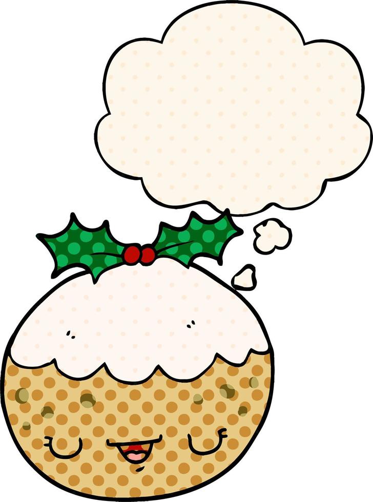 cute cartoon christmas pudding and thought bubble in comic book style vector