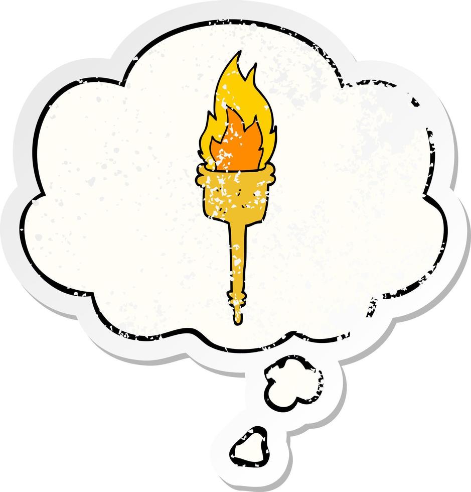 cartoon flaming torch and thought bubble as a distressed worn sticker vector