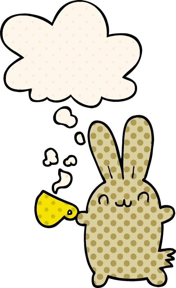 cute cartoon rabbit drinking coffee and thought bubble in comic book style vector