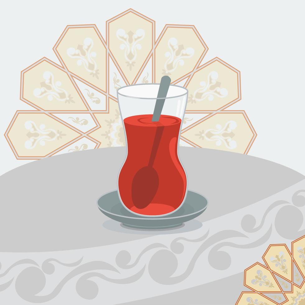 Editable A Typical Glass Mug of Turkish Tea on Table with Pattern Vector Illustration for Tea Shop or Ottoman Turkish Culture and Tradition Related Projects