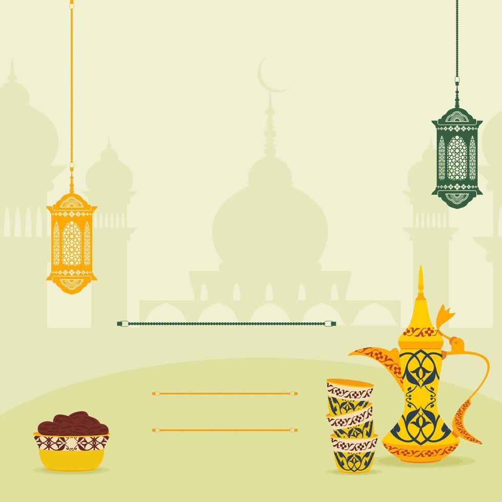 Editable Iftar Party Vector Background Concept Using Hanging Arab Lamp and Gahwa Coffee Also A Bowl of Date Palm Fruits in Front of Mosque Silhouette for Poster or Invitation Card of Islamic Moments