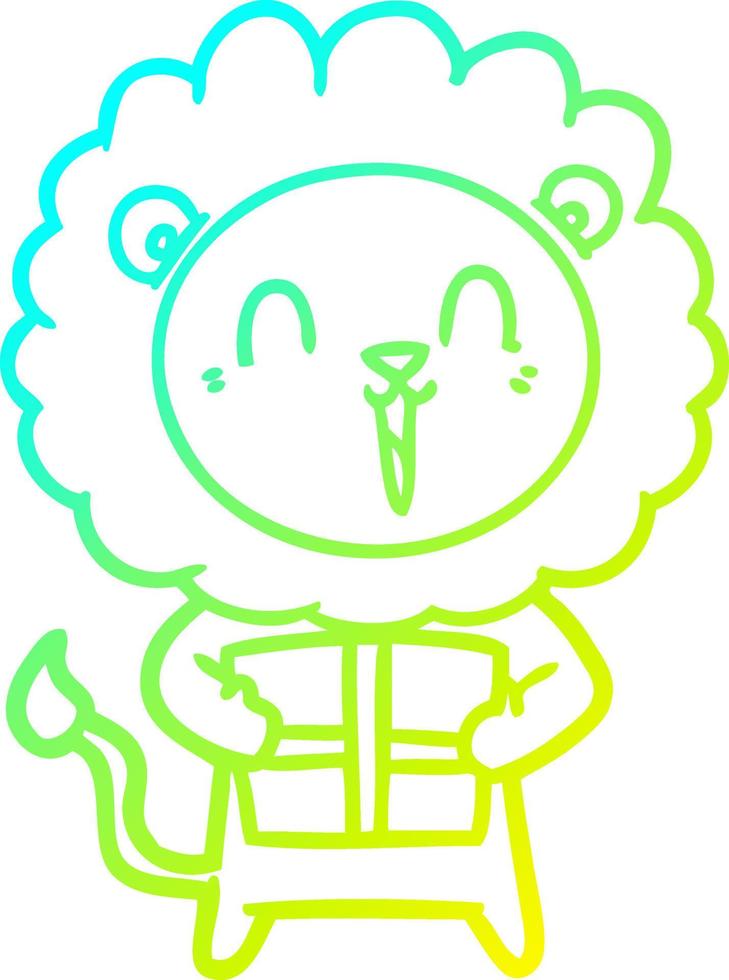 cold gradient line drawing laughing lion cartoon with christmas present vector
