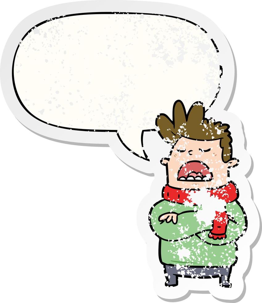 hombre detestable de dibujos animados en ropa de invierno y etiqueta engomada angustiada de la burbuja del habla vector