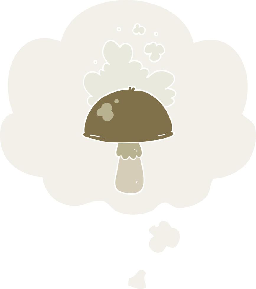 cartoon mushroom with spore cloud and thought bubble in retro style vector