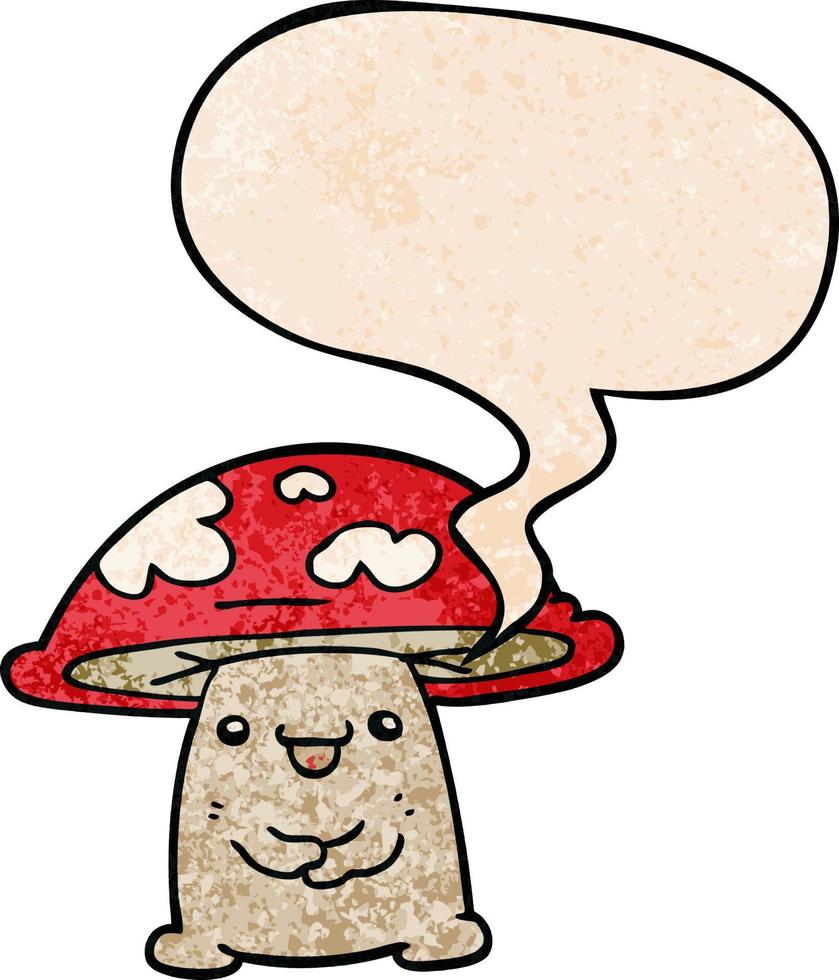 cartoon mushroom character and speech bubble in retro texture style vector